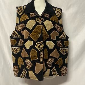 Life Style Vest Patchwork Black Animal Print Corduroy L Vintage
